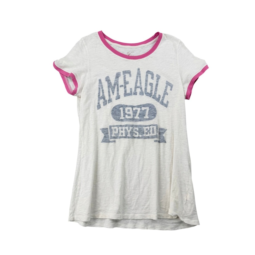 American Eagle Outfitters Ringer Tee Pink White Graphic Phys Ed XL